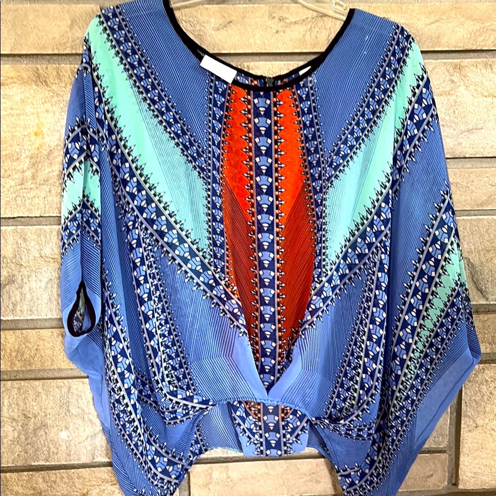 Bisou Bisou Blue Dolman Sleeve Asymmetrical Blouse